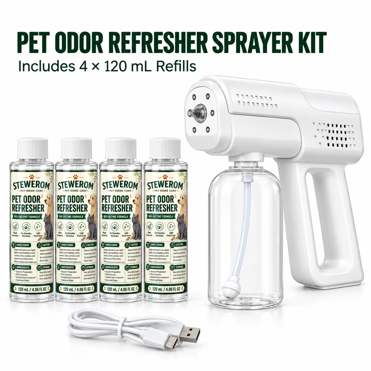 STEWEROM Pet Litter Box Odor Eliminator Kit with Nano Blue Light Odor Eliminator Technology, Bio-Enzyme Destroyer, 4 x 120 mL Refill Bottles