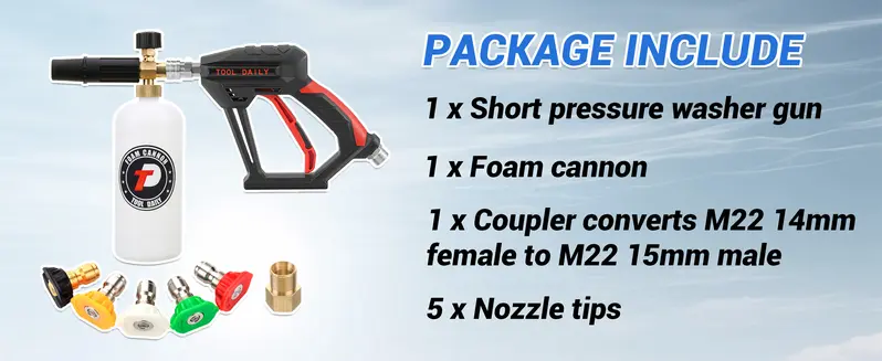 Product Introduction of Tool Daily Short Handheld with  Cannon FOR PRESSURE WASHER,  1/4 Inch Quick Connector, Water Spray Tool with 5 Nozzle Tips, 1 Liter snow foam lance, FathersDayGift 24