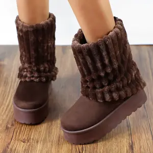 Women’s winter platform snow boots — wide mid-calf suede boots with fuzzy faux fur lining, round toe, non-slip sole; fashionable, comfortable, cozy, warm footwear for indoor/outdoor wear; thick sole; casual dress shoes for daily use