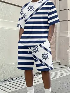Men's 3D Digital Print Matching Two-Piece Set, Blue and White Sailboat Stripe Print Short-Sleeve Set, Trendy Casual Two-Piece, Beach Vacation Tropical Style Fashion Outfit, Lightweight and Breathable Sporty Casual Style, Perfect Gift for Men on Festivals