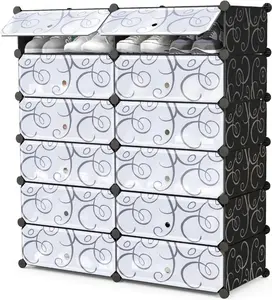 Shoe Shelves 6 Tier with Covers - 24-Pair Stackable Cube Organizer Boxes, DIY Design