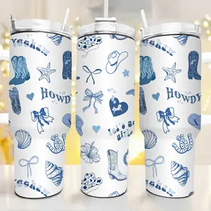Western Chic Blue 40oz Tumbler, Coastal Cowgirl Design Cup, Western Cowboy Theme Tumbler, Pastel Blue Aesthetic Travel Cup, Stainless Steel Cup, Gift for Her, Kitchen Drinkware, 20oz Double Silver Edge Tumbler