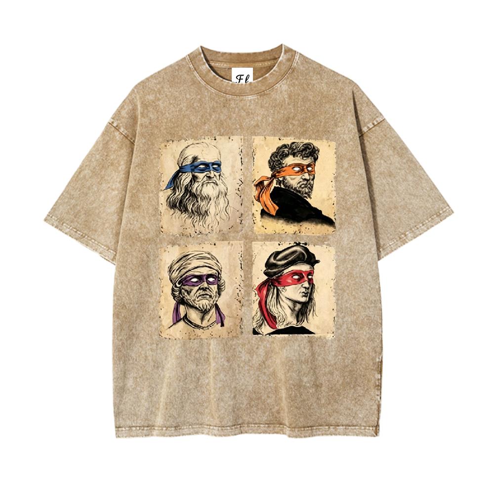 Humorous Italian Artists & Teenage Mutant Ninja Turtles Vintage 260g Heavy Cotton Washable Direct Spray Tee Oversized Casual Short Sleeve T-shirt for Men Art Enthusiasts