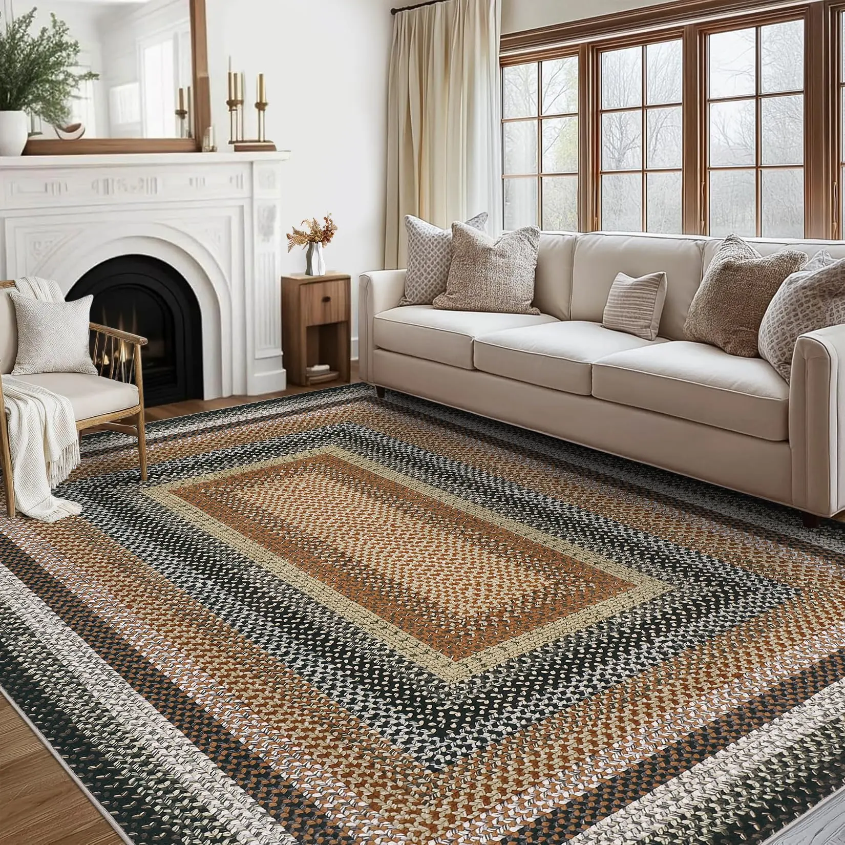 Garvee 5x7 Dining Room Rug - Machine Washable, Non-Slip Braided Area Rug with Stain Resistant, Foldable Modern Bordered Design for Living Room and Bedroom Accent in Orange/Green