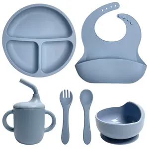 Ai Bei Parent Co. 6pcs Silicone Baby Feeding Set LED Weaning Supplies with Suction Plate Sippy Cup Adjustable Bib Spoons Forks BLW Utensils Bowl Non-Toxic Safe for Toddlers