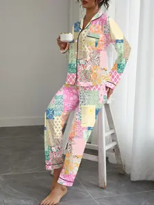 Women's Floral Print Pajama Set, Casual Fitted Long Sleeve Shirt & Elastic Pants, Soft Stretchy Fabric, Fall Winter Home Wear, Loungewear