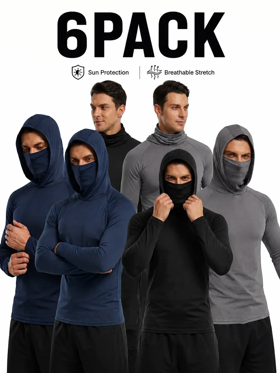 Men's 6-Pack Quick Dry Hooded Training Shirts with Face Protection Design, Stretch Long Sleeve Athletic Tops for Outdoor Sports, Running, Fishing, Backpacking, Fitness Workouts and Recreational Activities