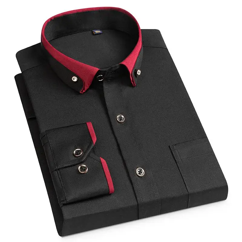 For Men'S Business Dress Shirts Male Formal Button-Down Social Collar Camisa Social Elastic Anti-Wrinkle Casual Men Shirt Pocket