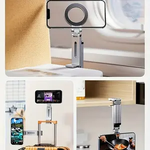 Magnetic Phone Stand with Selfie Enhancer, Spring Clip, Portable Desktop 360 Degree Rotating Tripod Live Streaming Holder