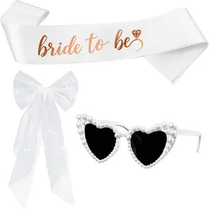Bride Bachelorette Party Accessories 3 count,Bride To Be Sash,White Veil, Heart Sunglasses for Bridal Wedding Favors Gifts (White)