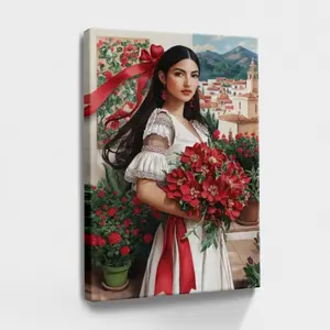 Mexican Christmas Decorations Woman Holding Bouquet, Red Flowers, White Dress - Botanical, Realistic, Detailed, Traditional Folk Art Style, Wall Decor Poster for Living Room, Wood Framed Canvas Painting Photo Ornaments Artist Gifts 1pc Artwork Artistic