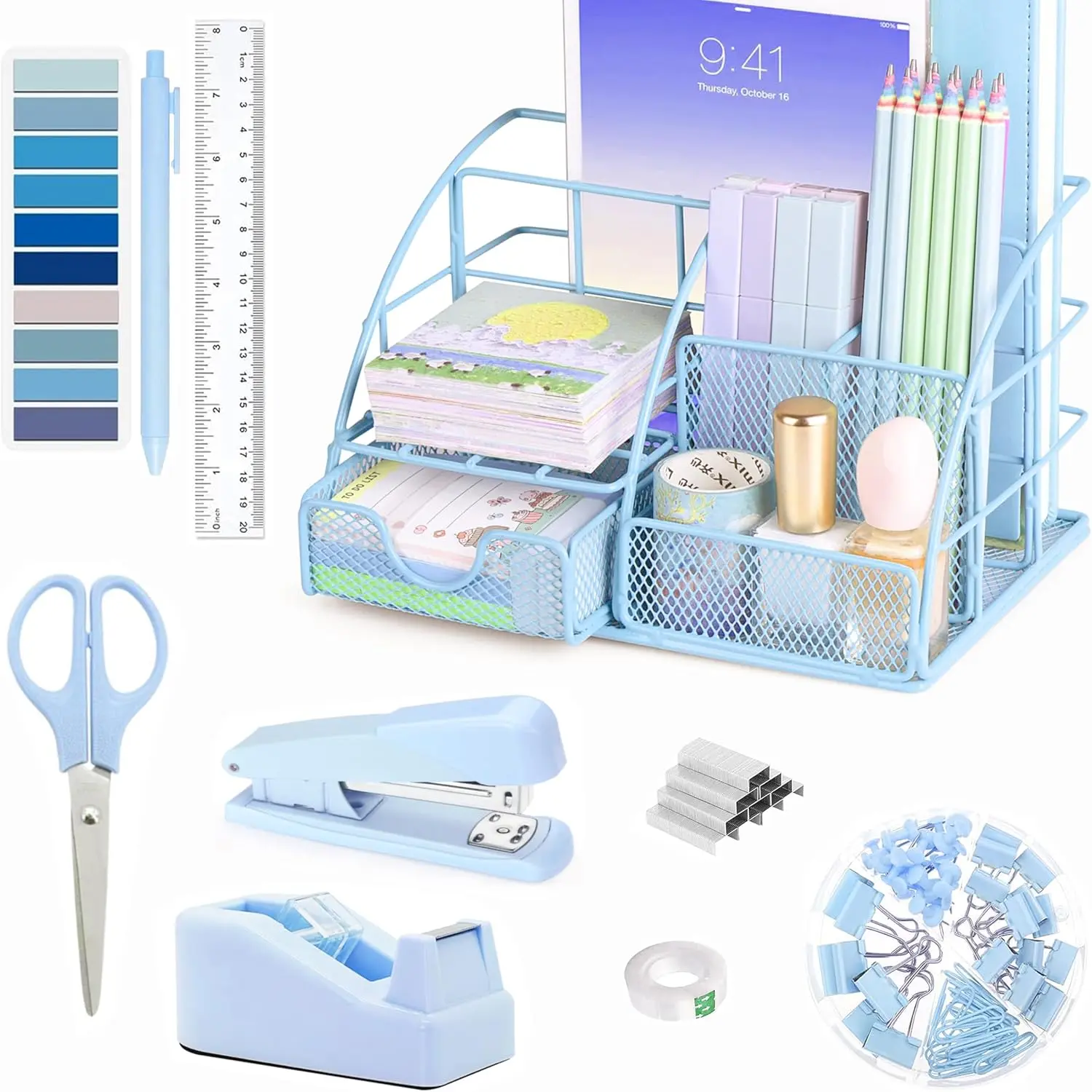 Blue Office Desk Accessories Supplies, 10 count Desk Organizers and Accessories with Tape Dispenser and Stapler,Staples,Scissor,Ruler,Sticky Tabs,Tape,Ballpoint Pen,Clips Set