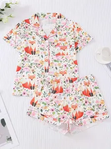 2pcs Cute Fox Plant Floral Print Women's Pajama Set, Short Sleeve Shirt with Collar Button Soft Top and Loose Elastic Shorts,  Holiday Sleepwear Party Outfit Comfortable Nightgown
