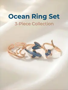 Ocean Themed Enamel Jewelry Open Ring Set 3Pcs Sparkly Dolphin Manta Wave Adjustable Rings Stackable Finger, matching polished styling complete coordinated versatile effortless effortless