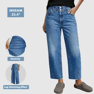 Flamingals Wash Raw Hem Dual Button High Rise Straight Leg Jeans