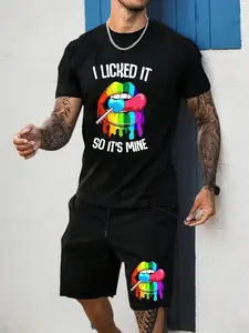 Two-Piece Set Men's Cartoon Lip & Letter Print Tee & Drawstring Pocket Shorts Set, Regular Fit Round Neck Short Sleeve T-shirt & Elastic Waist Track Shorts, Casual Stylish Fashion Cozy Breathable Stretchy Jersey Men Two-piece Outfits for Spring & Fall