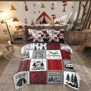 Camper Bed in A Bag 7 Piece Rv Camping Comforter Set,Rustic Buffalo Plaid Bedding Comforter Set,Camper Decor for Travel Trailers Bunk Country Camping Bed Set,Red Black Grey
