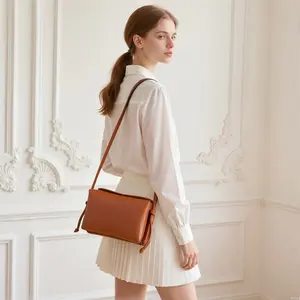 2026 New Crossbody Small Square Bag Niche Simple Double-layer Genuine Leather Small Bag Women's Bag Minimalist Style Commuter Shoulder Bag