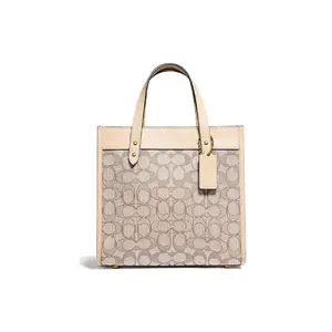 COACH Field 22 Classic Logo Print Contrast Stitch Tote Bag for Women, Fabric and Leather, White Monogram