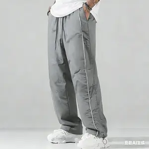 Upgraded Summer Loose Fit Men’s Joggers – Lightweight Soft Fabric, Large Size, Gray with Side Stripes and Gold Accents, Comfortable Casual Design, Gym Wear, 95% Polyester, 5% Spandex