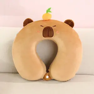 Capybara U-Shaped Neck Pillow, Cute Cartoon Animal Design, Comfortable for Airplane and Car Sleep, Travel Nap Support, Medium Firmness