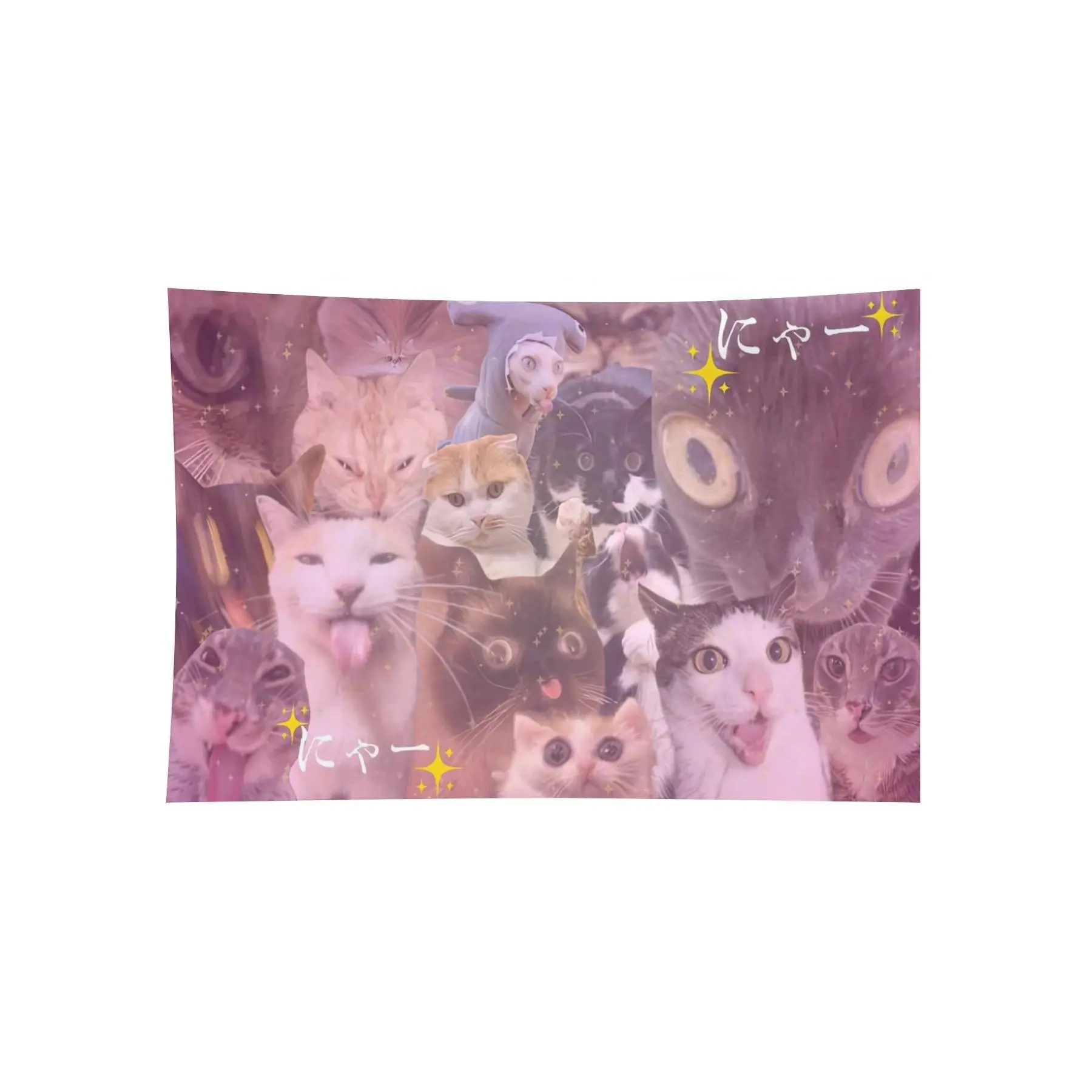 Pink Cat Meme Collage Wall Tapestry, Kawaii Kitty Dreamy Y2K Internet Aesthetic Bedroom Dorm Decor
