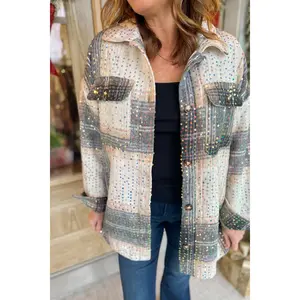 Mika Mocha Sequin Plaid Showstopper Shacket Jacket