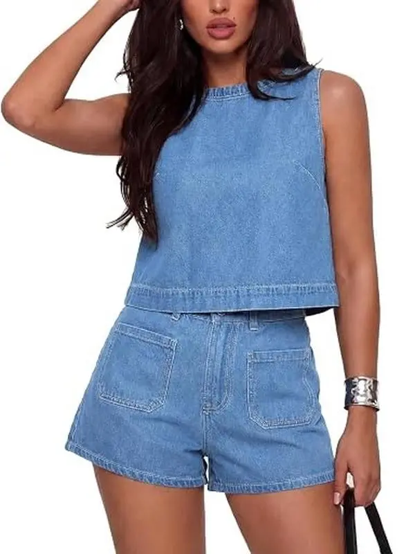 Kedera Summer Denim Set for Women 2 piece Casual Sleeveless Boxy Shirt Tops and Shorts Pants Lounge Sets Outfits Cropped Jean