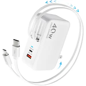 4-in-1 Retractable Wall Charger with Dual USB Ports and 90cm Lightening and Type-C Cables, 40W Fast Charging Foldable Block Compatible with ipad,iPhone 16/15, airpods,Galaxy, Pixel, and More Portable Android