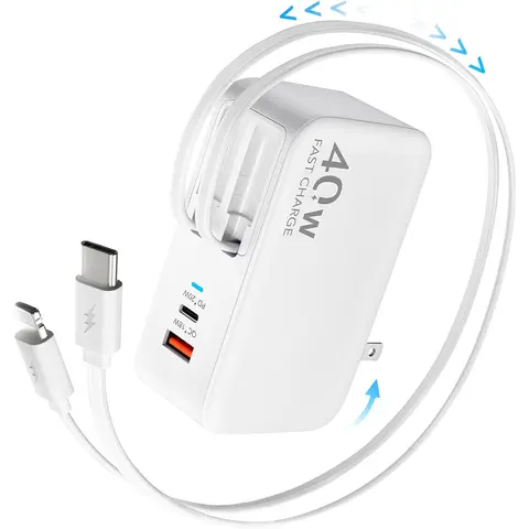 4-in-1 Multi-Port Retractable Portable Mobile Wall Charger Plug - 40W Super Fast Charging, Folding Easily Durable Shell, Dual USB Ports, 90cm Lightning & Type-C Cables, Electronic Protection, for iPhone & Android, Electronic Gadgets, International Use