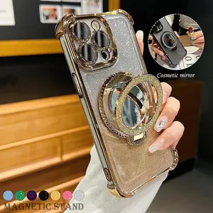Glitter Bling Phone Case with Ring Stand, Magnetic Phone Case with Mirror Ring, Shockproof Protective Phone Cover for iPhone 15 16 Pro Max 14 13 12, Casing, Accessories, Shockproof Phone Accessory