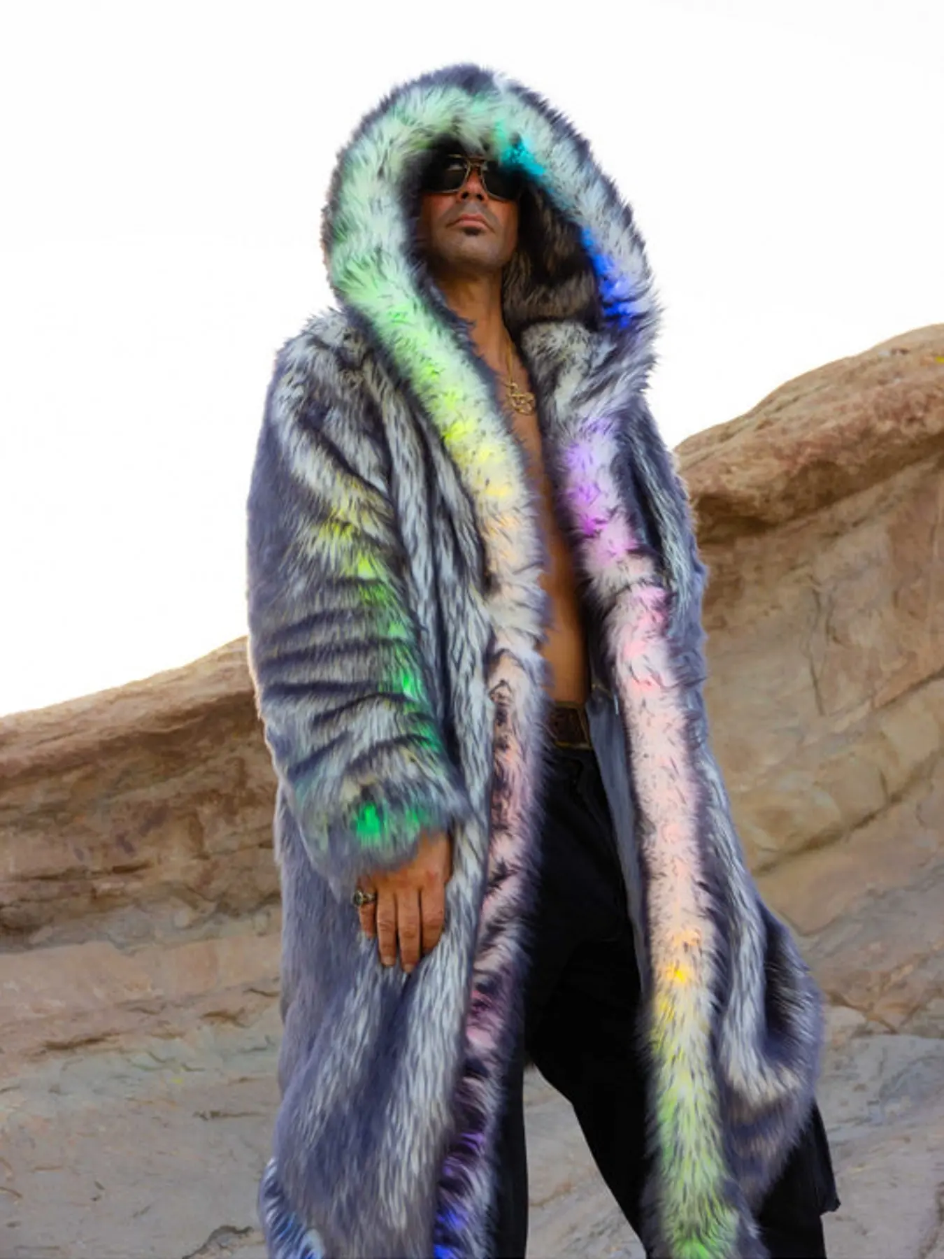 Men's Rainbow LED Glow Faux Fur Hooded Coat, Long Thick Warm Outerwear for Autumn Winter, Trendy Casual Multi-Scene Jacket