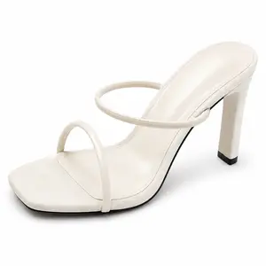 Square-toe double-strap block-heeled mules | Beige/white/black slip-on high-heeled sandals | High-heeled shoes with open-toe design that elongate the legs | Comfortable all-weather high-heeled slippers for women