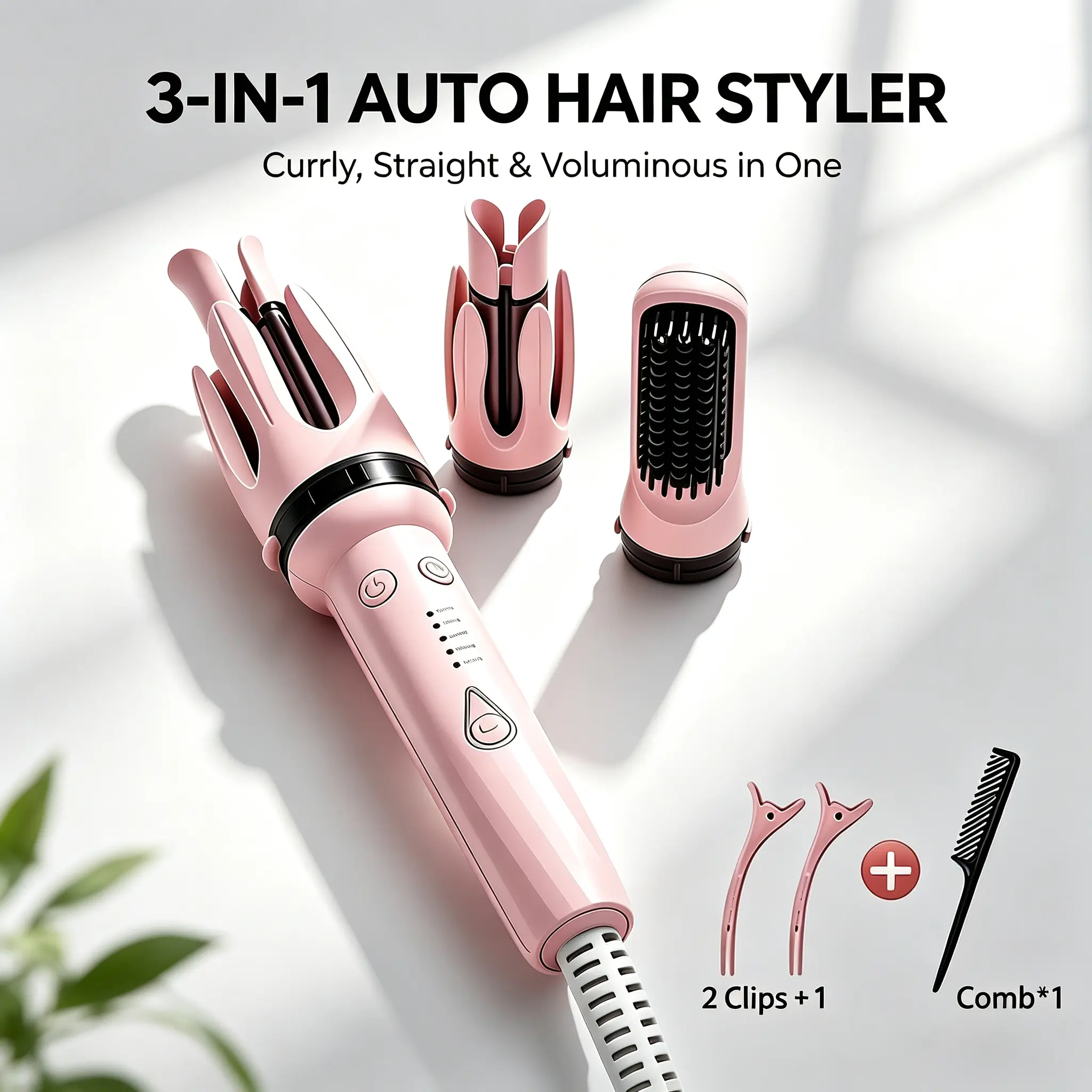 Easily create salon-quality hairstyles at home with this 3-in-1 automatic hair styler — it works as a curler and straightener, easy to use, comes with hair clips and a comb, and is a portable, multi-purpose heated styling tool for travel.