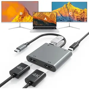 USB C to Dual HDMI Adapters 2 output movie, 4K@60Hz HDMI Splitter Extended Display for Dual Monitors, 100W PD, USB-A Port, Windows Allows Multi-Monitor Display 3 Separate Screens, macOS Only Allows Mirror Mode