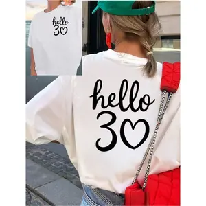 Hello 30 Birthday Graphic Tee For Women Cotton Short Sleeve Crewneck Shirt Cute Minimalist Script Top Casual Summer Outfit Party Gift For Her