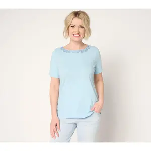 Denim & Co. Linen Blend Knit Top with Neck Embellishment
