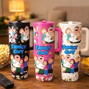 1pc 40oz Family Guys Tumbler With Handle And Lid, Drinkware, Stainless Steel Insulated Travel Mug, Double Wall Vacuum Cup Keeps Drinks Cold 12H Hot 6H, Gift For Dad Boyfriend Husband Family Fans