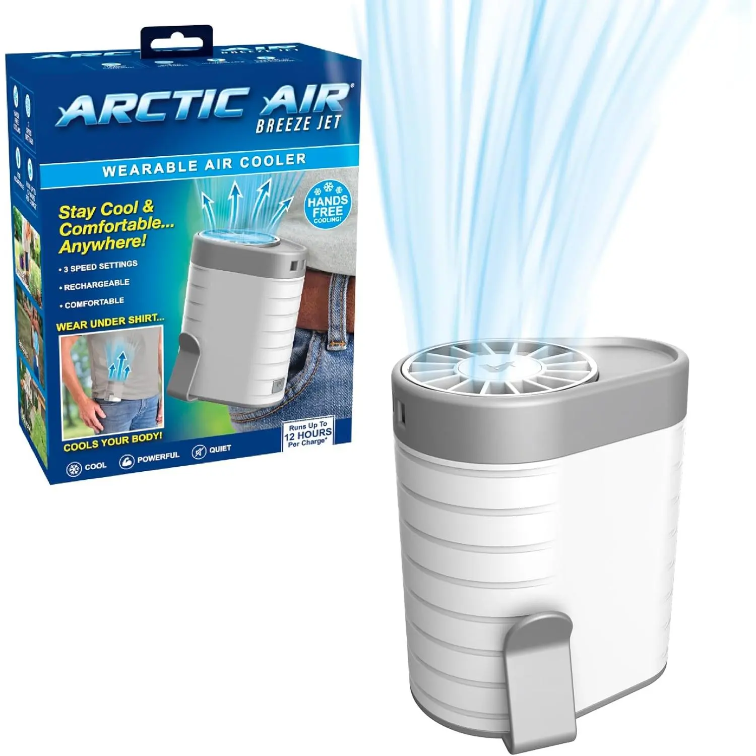 Breeze Jet Wearable Air Cooler - Rechargeable Battery Powered Fan, Adjustable 3 Speed Settings, Quiet Mode, Cordless, Up to 12 Hours Runtime, Lightweight Clip-On Neck/Waist Fan for Outdoor Users, Yardwork