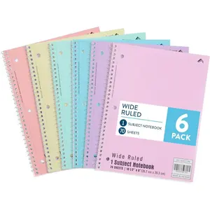 Pastel School Notebooks, 1 Subject Notebooks for School Wide Ruled, 6 Pack
