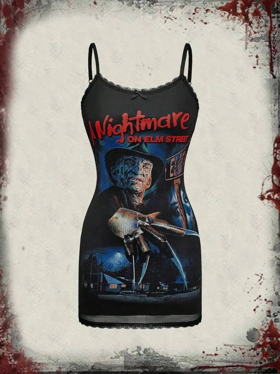 A Nightmare on Elm Street Figure Graphic Mesh Patchwork Camisole Black Mini Dress Y2K Gothic Streetwear Casual Outfit