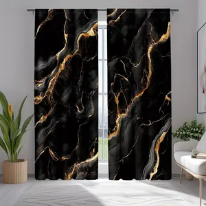 Two piece set of black and gold marble patterned curtains, smooth gold design, creating fashionable home decor, semi blackout polyester fabric curtains, Window Curtain, Home Decoration Curtain