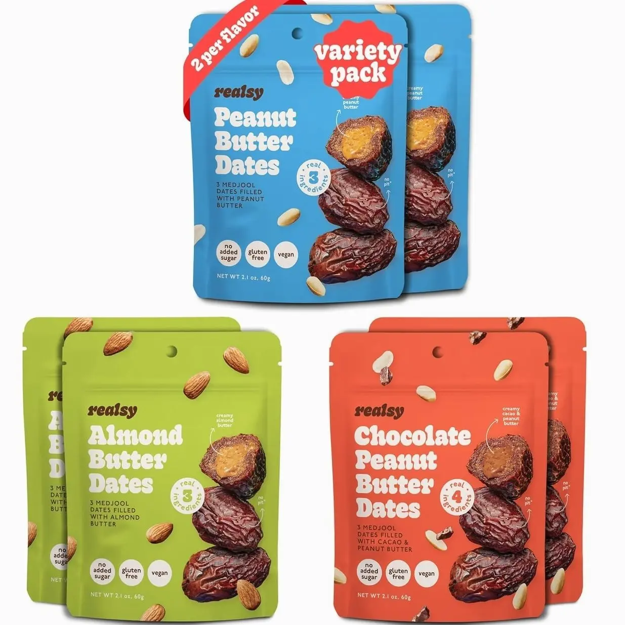 Realsy Pitted & Stuffed Medjool Dates, Organic Dates with No Sugar Added, Gluten-Free, Vegan, Good Source of Fiber, Low Glycemic Index, All Natural Healthy Snack (Variety 6 Pack)