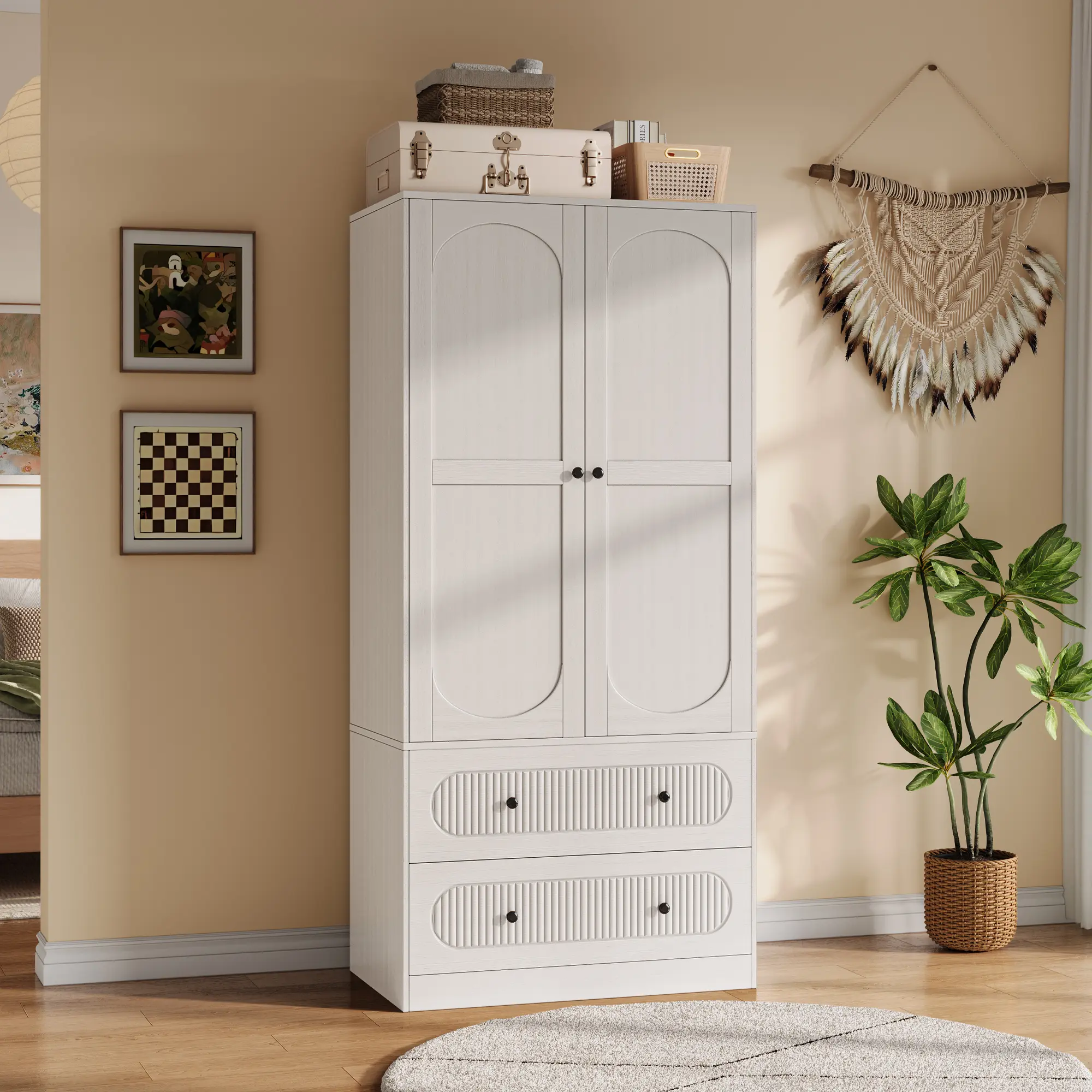 68.8" Wardrobe Armoire Wooden Closet with 2 Doors and 2 Drawers,Bedroom Armoire with Hanging Rod Shelf,Large Capacity Storage Wardrobe Armoire,Freestanding Wooden Closet Storage Cabinet White/Black