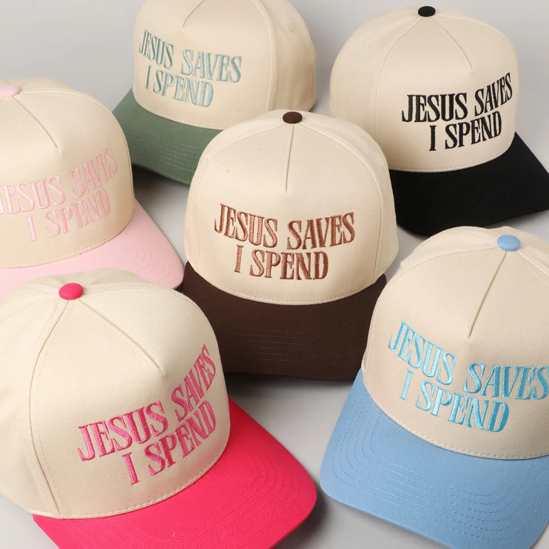 "Jesus Saves I Spend" Vintage Embroidered Trucker Hat - Funny Christian Meme Snapback for Adults, Labor Day Party Gift, Everyday Wear Church Cap (Festive & Party Supplies)