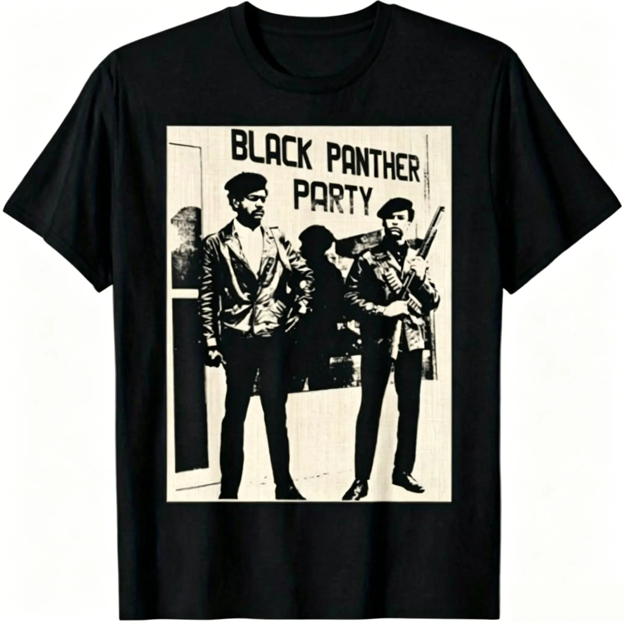 Men's Vintage Black Panther Party T-Shirt - Cotton Blend Short-Sleeve Top, Historical Self-Defense Print, Breathable, Machine Washable, Casual Fit Menswear, Shortsleeve, Round Neck