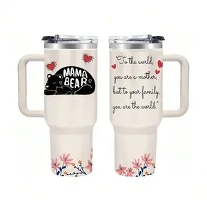 40 Oz Mama Bear Tumbler With Handle And Straw Lid - Stainless Steel Insulated Travel Mug, Floral "To The World You Are A Mother" Quote Coffee Cup For Moms, Keeps Cold/Hot