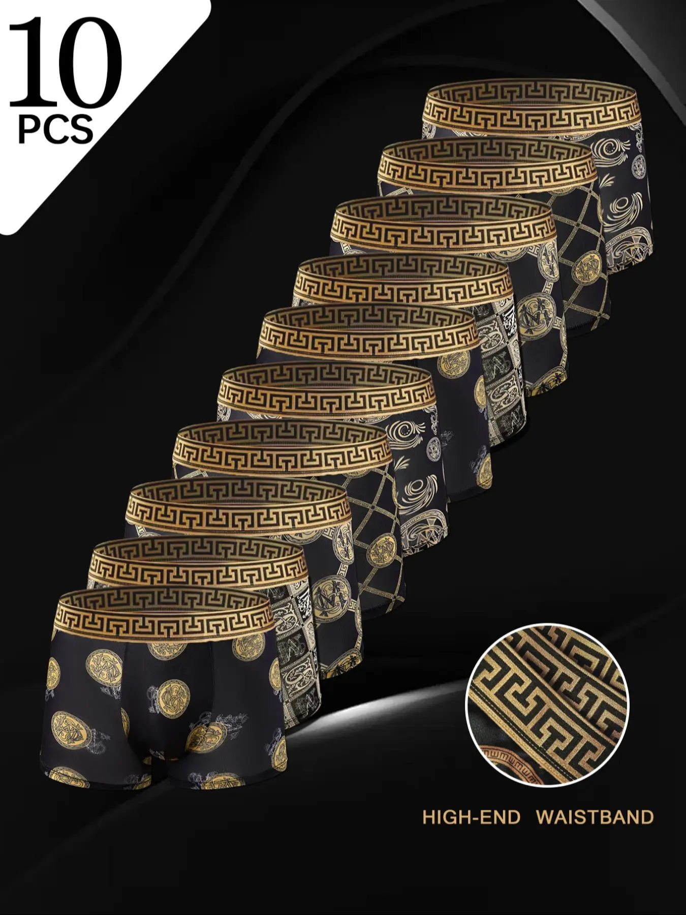 Men's Luxury Gold Briefs Set of 10, Fashion Trendy Printed Pattern, Comfortable Breathable, Casual Daily Wear, Sports, Elastic Knit Underwear