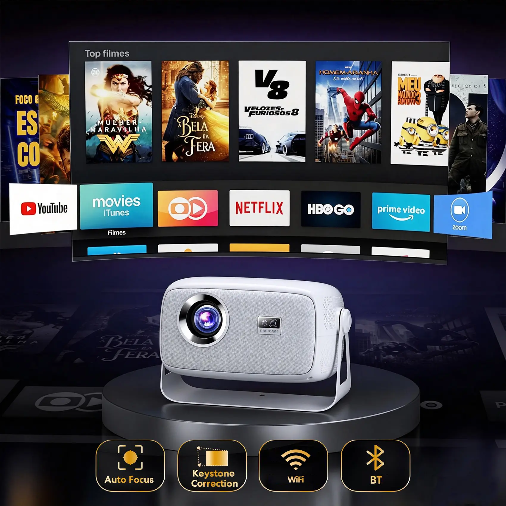 HLT mini Projector Autofocus, Sharp Vivid Video Playback,  WiFi, Bluetooth, Built-in Audio Speaker,  Remote Control, Mini Portable for Home Movie Night & Outdoor Cinema, Projector Movie Night