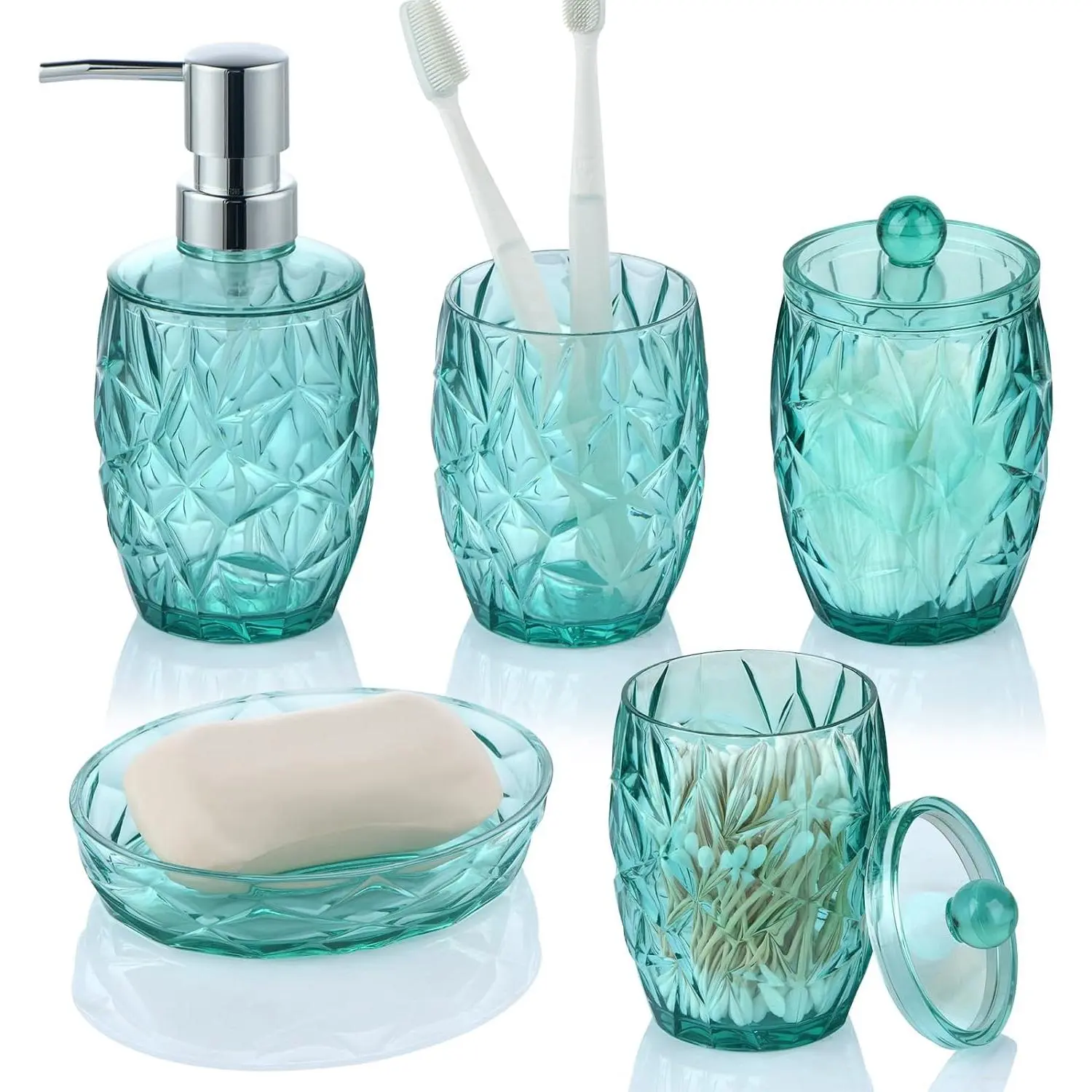 Acrylic Teal Blue Bathroom Accessories Set 5pcs - Lotion Soap Dispenser, Toothbrush Holder, 2 Qtip Holder, Soap Dish, Bathroom Accessory Set, Modern Bathroom Decor, Gift for Home Apartment